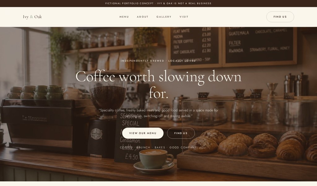 Concept website design for an independent coffee house, with rich warm browns and a relaxed editorial layout