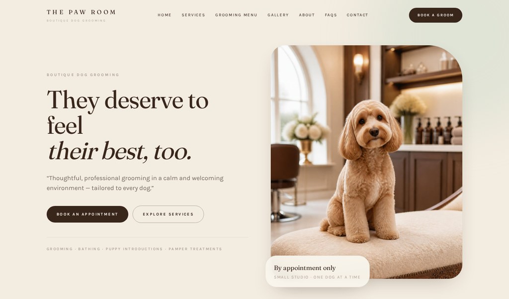 Concept website design for a boutique dog grooming studio, with warm neutral tones and elegant serif type