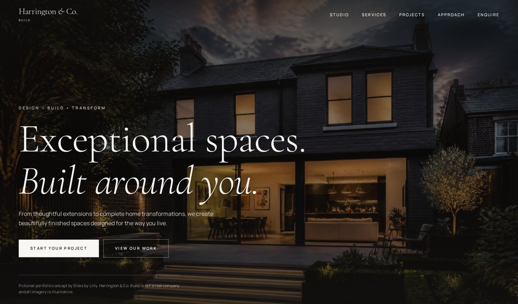 Concept website design for a luxury home renovation company, with a dark cinematic layout and elegant serif headings
